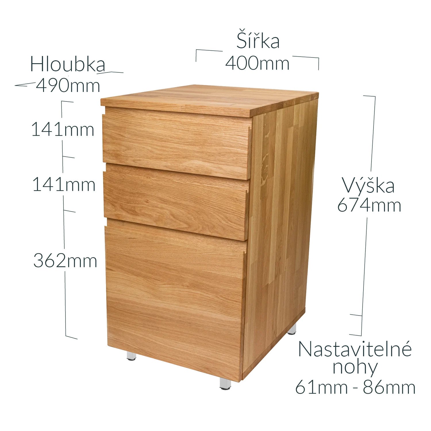Dřevěná skříňka k psacímu stolu se třemi šuplíky