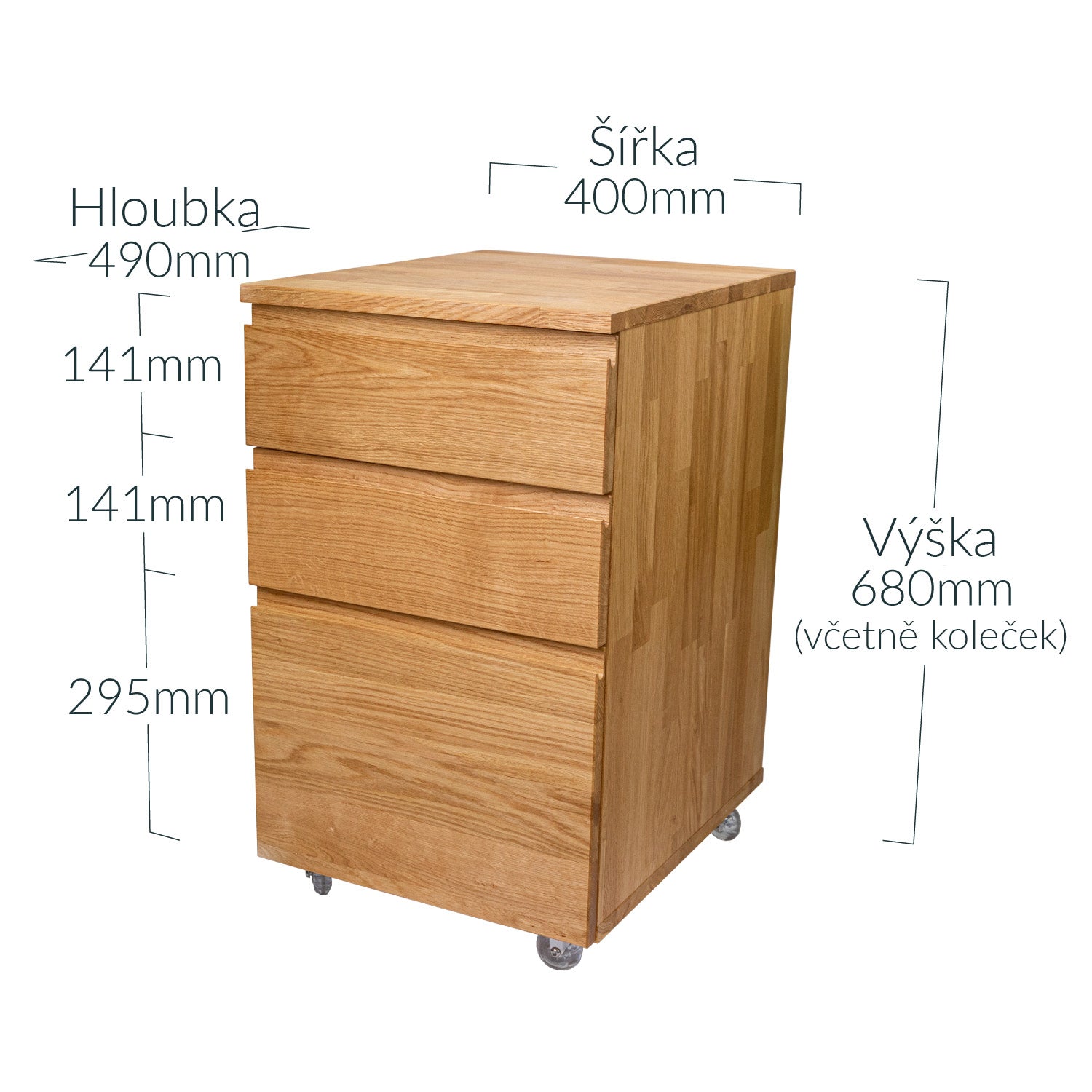 Masivní dubový kontejner pod psací stůl se třemi zásuvkami