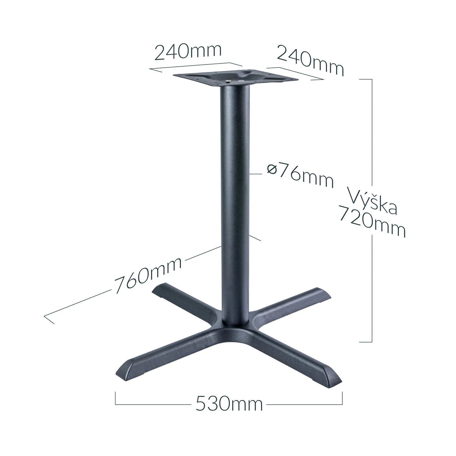Velká černá litinová podnož ke stolu, 4 podnože, podstavec 720 x 760 mm