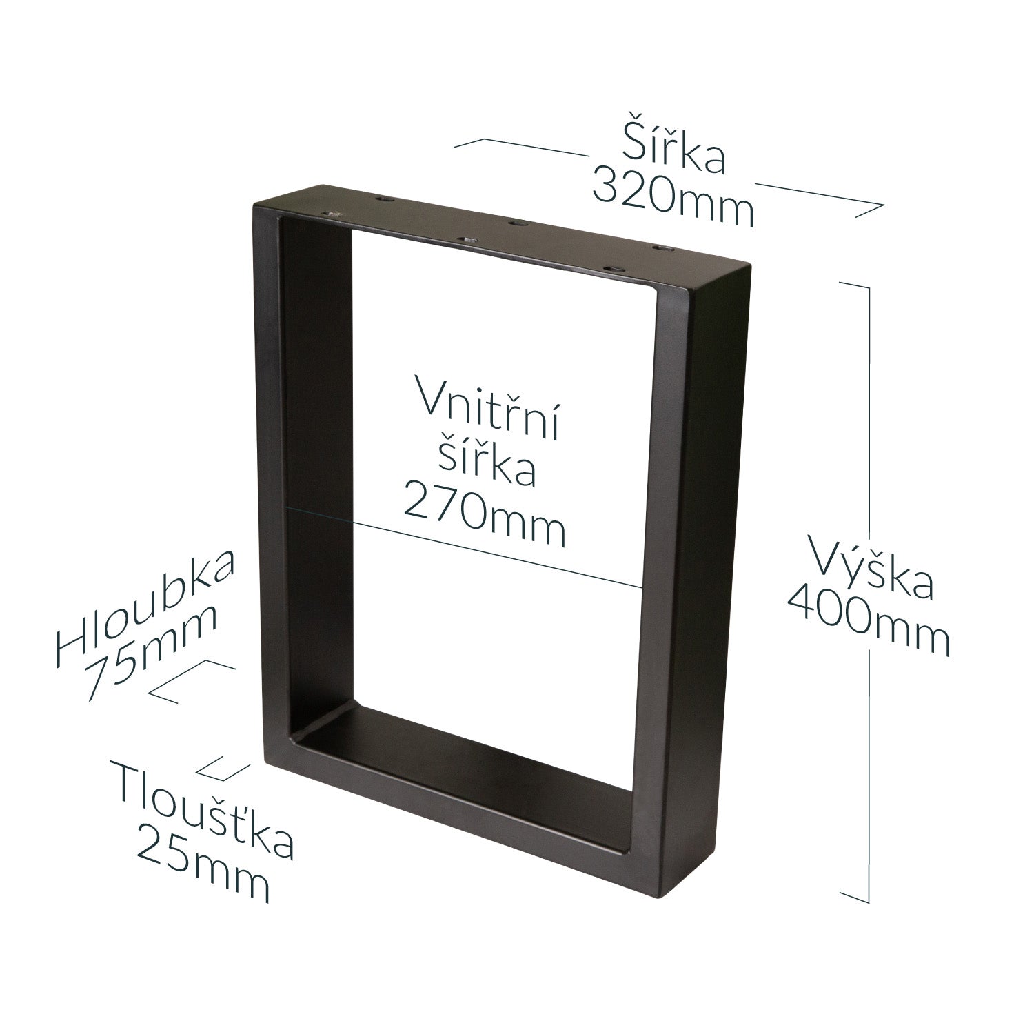 Černé čtvercové kovové podnože k lavici, výška 400mm x šířka 320mm, 2ks