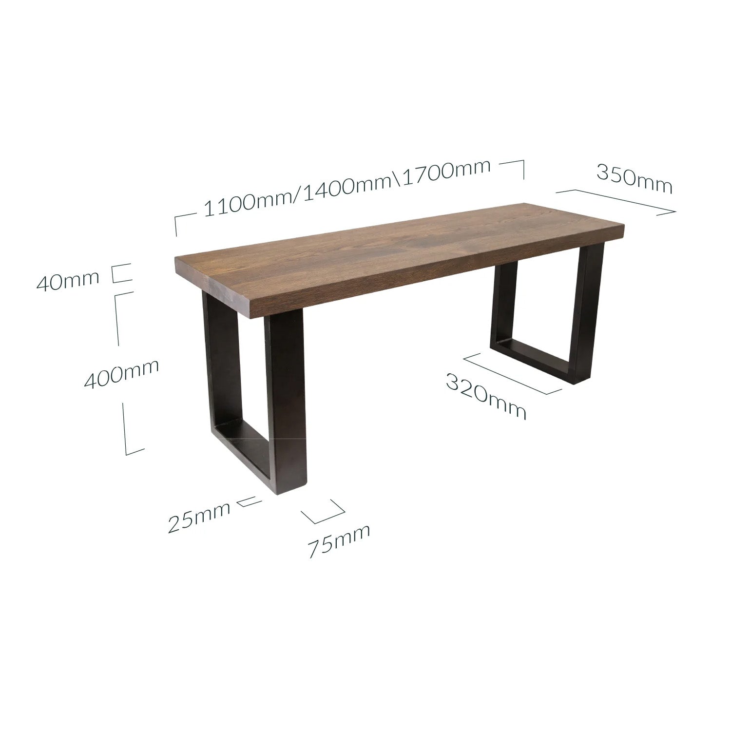 Prémiová dubová dřevěná lavice - Charcoal - Rozměry