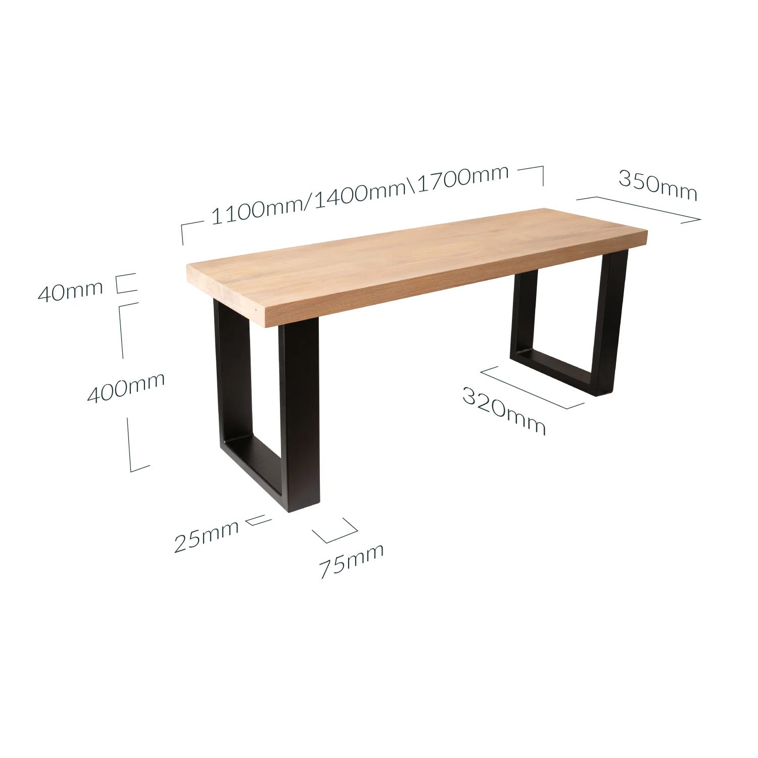 Dubová dřevěná lavice - Natural (světlý dub) - Rozměry